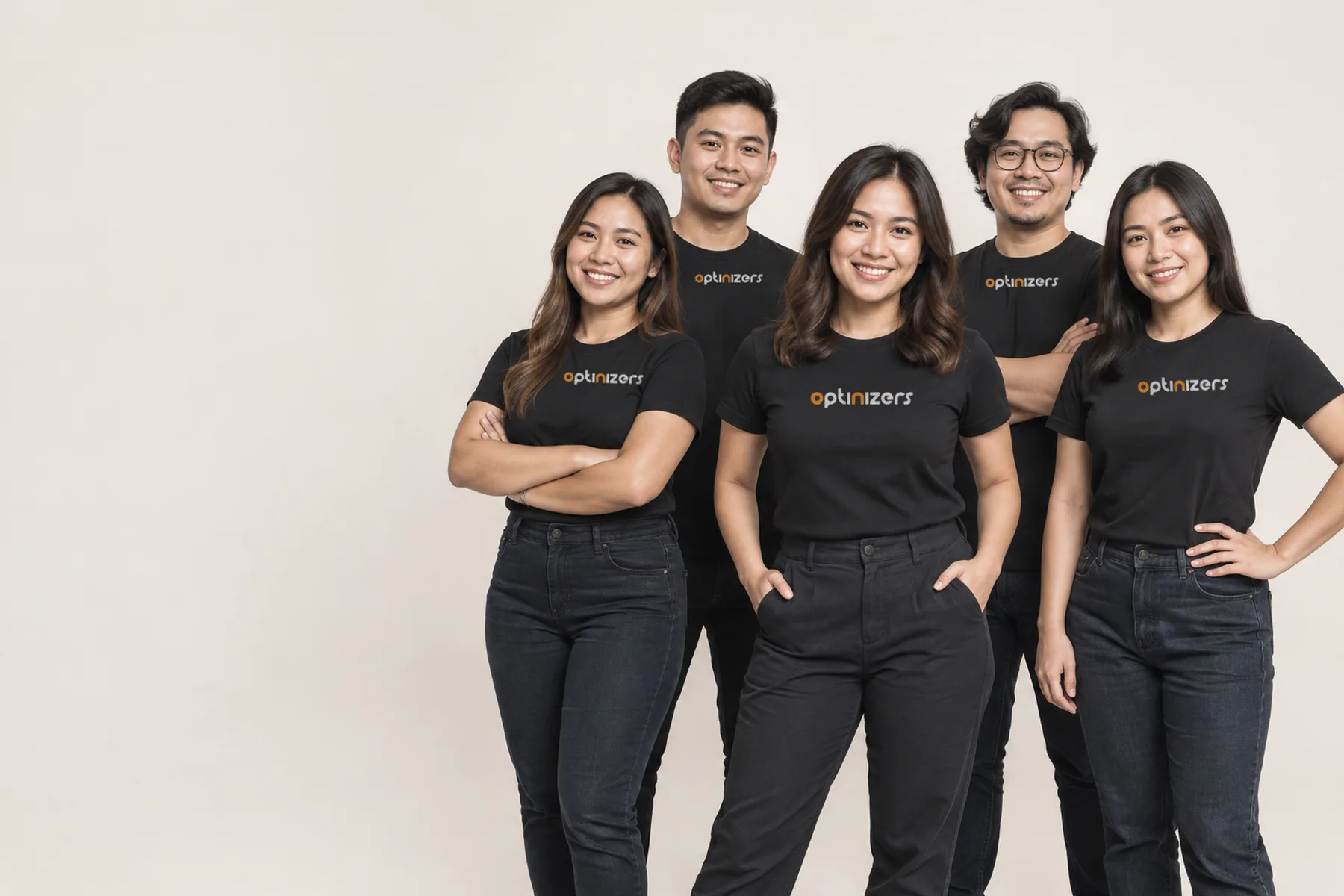 Five confident OptiNizers team members in black OptiNizers t-shirts, arms crossed and hands on hips